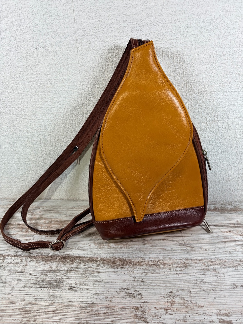 Leather Sling Backpack in Mustard and Brown NEW